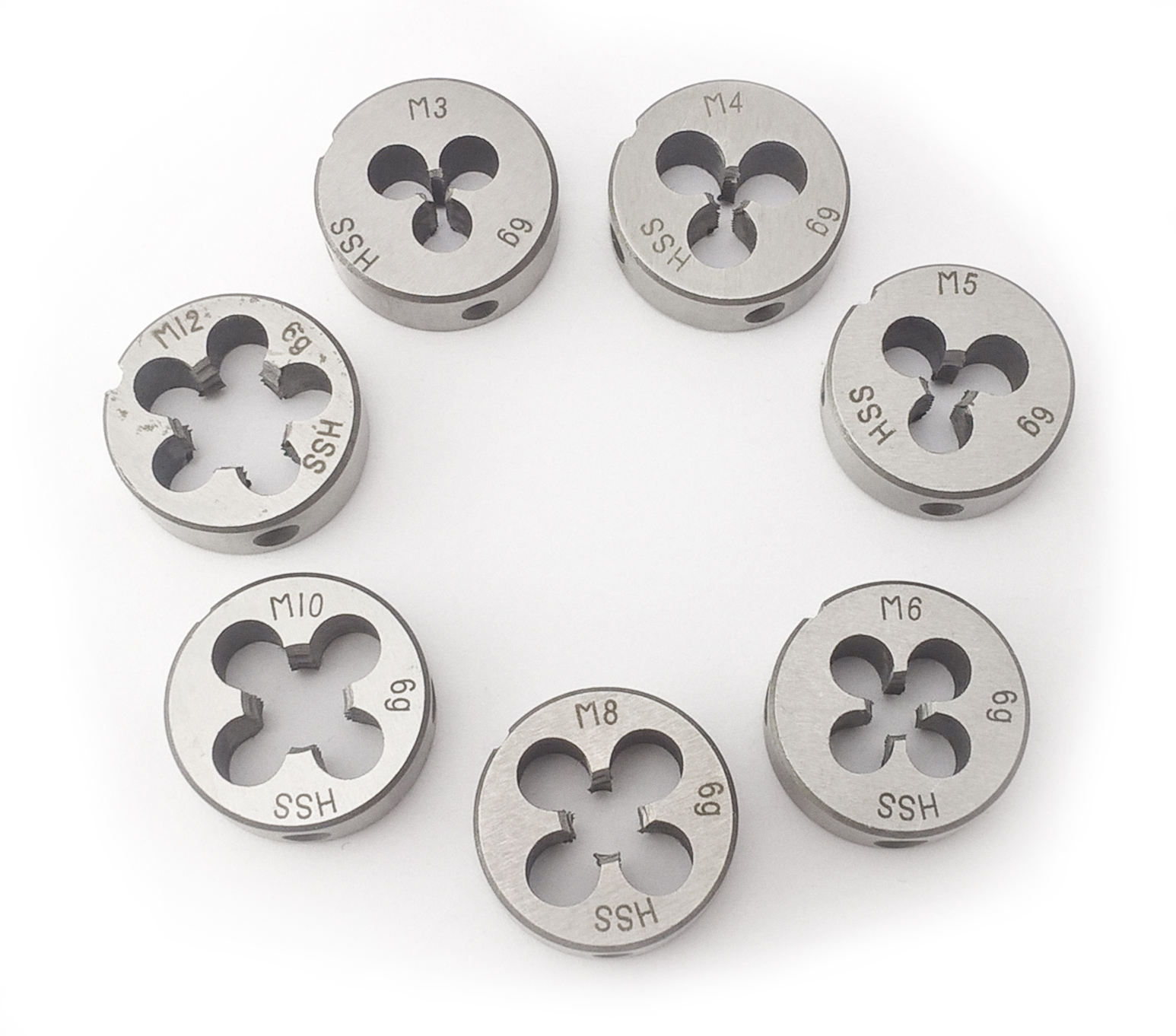 7-tlg. Schneideisen - Satz, HSS-G rund, 25 x 9 mm, M3 M4 M5 M6 M8 M10 M12