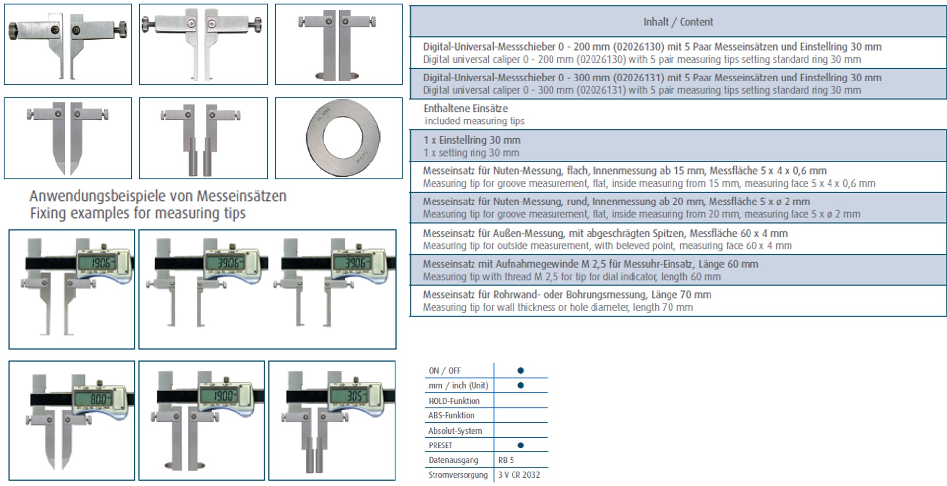 Digital-Universal-Messschieber / Schieblehre im Satz 7-tlg. mit PRESET-Funktion