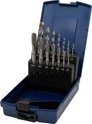 Maschinengewindebohrer DIN 371/376, Form B, Kunststoffkassette, blau,14-teilig