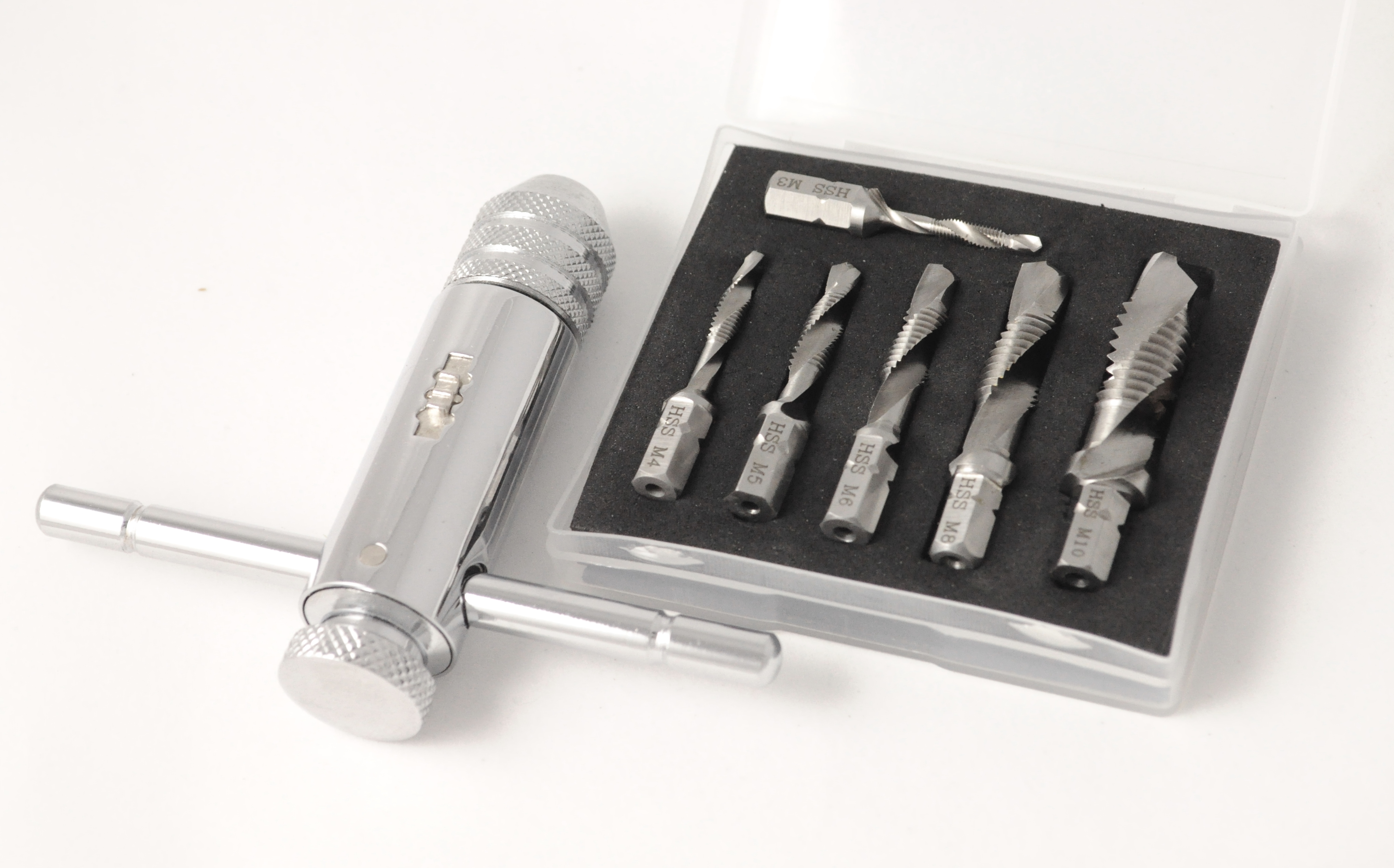 6-tlg-_BitsSET_mit_Werkzeughalter 7-tlg. Kombi-Gewindebohrer-Bit Satz, HSS, mit 1/4" 6-Kantschaft für Akuschrauber, M3 - M10, inkl. Werkzeughalter