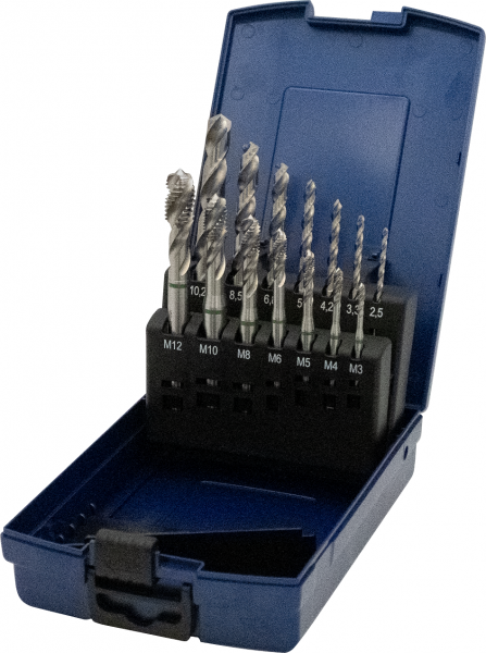 Maschinengewindebohrer DIN 371/376, Form C, in Rose-Kunststoffkassette, blau,14-teilig