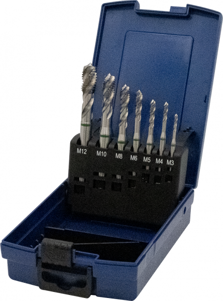 Maschinengewindebohrer DIN 371/376, Form C, in Rose-Kunststoffkassette, blau, 7-teilig