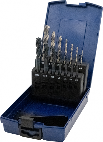 Maschinengewindebohrer DIN 376, Form C, Blauring, 14-teilig, in Kunststoffkassette