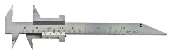 Klein-Messschieber für Zahntechniker mit gewölbtem, spitzem Schnabel, Messb.: 80 mm; Nonius: 1/10 m