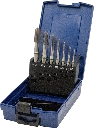 Maschinengewindebohrer DIN 371/376, Form B, in Rose-Kunststoffkassette, blau, 7-teilig