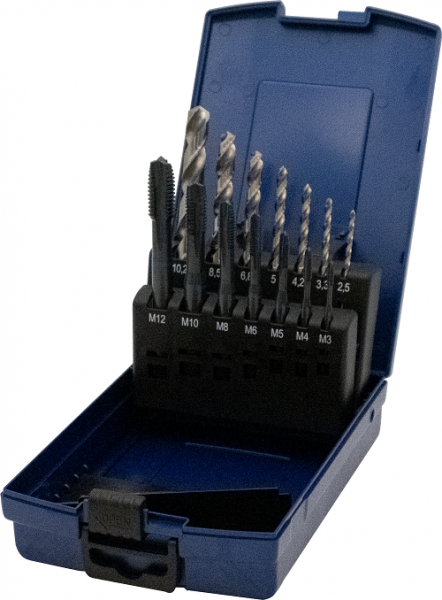 Maschinengewindebohrer DIN 371/376, Form B, Blauring, 14-teilig, in Kunststoffkassette
